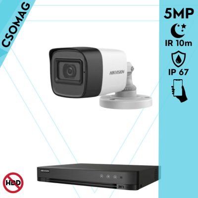 Hikvision 1 cső kamerás analóg megfigyelőrendszer 5 MP biztonsági kamera, 2.8 mm fix objektív, IP67, IR 10m, fém ház, kültéri