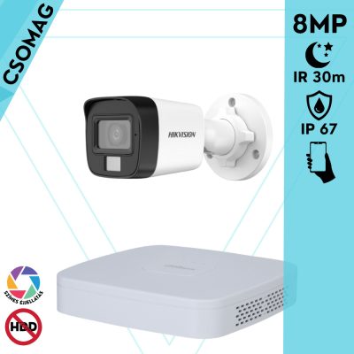 Hikvision 1 cső kamerás analóg megfigyelőrendszer 8 MP biztonsági kamera, 3.6 mm fix objektív, hibrid fény 30 m, fém ház, kültéri