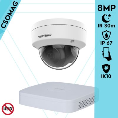 Hikvision 1 dome kamerás analóg megfigyelőrendszer 8 MP biztonsági kamera, 2.8 mm fix objektív, IK10 vandálbiztos, IR 30m, fém ház, kültéri