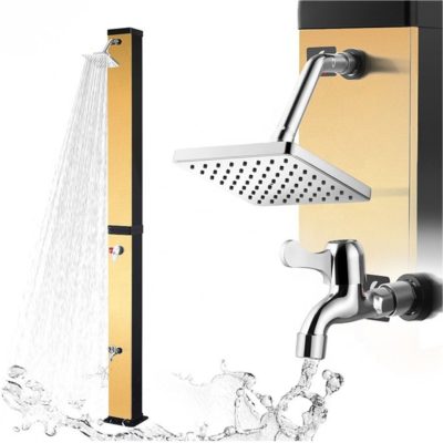 Szolár zuhany 40 literes szögletes kialakítású kültéri napelemes zuhany – fekete és szálcsiszolt arany kivitel, PVC testtel, krómozott ABS esőztetővel