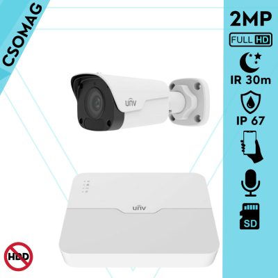 Uniview 1 cső kamerás IP megfigyelőrendszer 2MP biztonsági kamera, 2.8 mm-es fix objektív, SD kártya foglalattal, PoE, beépített mikrofonnal, IR 30, kültéri