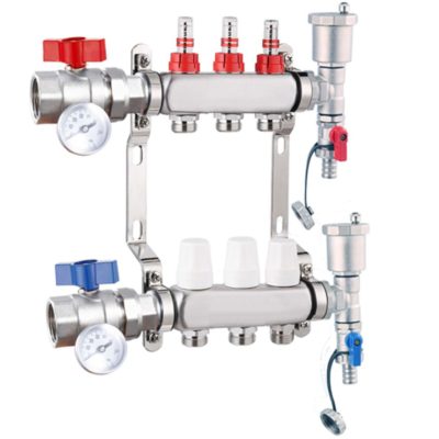 Fűtési osztó-gyűjtő 3 körös rozsdamentes acél, áramlásmérős fűtési elosztó padlófűtés számára