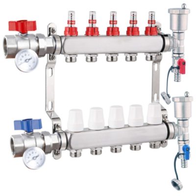 Fűtési osztó-gyűjtő 5 körös rozsdamentes acél, áramlásmérős fűtési elosztó padlófűtés számára