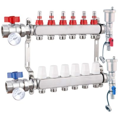 Fűtési osztó-gyűjtő 6 körös rozsdamentes acél, áramlásmérős fűtési elosztó padlófűtés számára