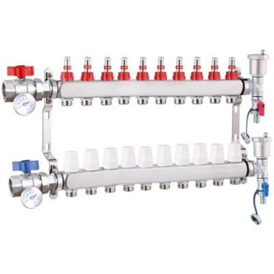 Fűtési osztó-gyűjtő 10 körös rozsdamentes acél, áramlásmérős fűtési elosztó padlófűtés számára