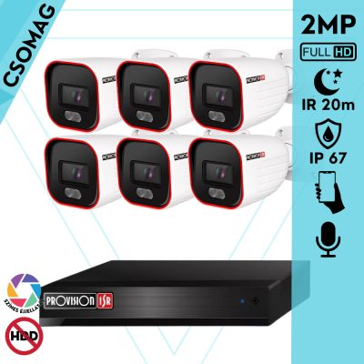 Provision 6 cső kamerás analóg megfigyelőrendszer 2MP színes éjjellátó biztonsági kamera 20m fehérfény