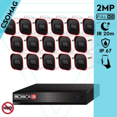 Provision 16 cső kamerás analóg megfigyelőrendszer 2MP HD Pro biztonsági kamera, inframegvilágítás 20m, 2.8mm fix lencse, 88° látószög