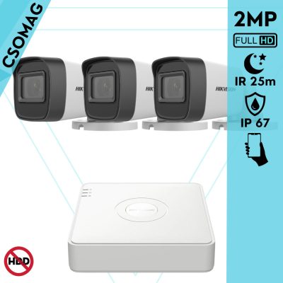 Hikvision 3 cső kamerás analóg megfigyelőrendszer 2MP biztonsági kamera, IR 25m, beltéri és kültéri