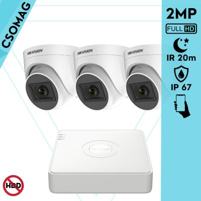 Hikvision 3 turret kamerás analóg megfigyelőrendszer 2MP biztonsági kamera, IR 20m, beltéri