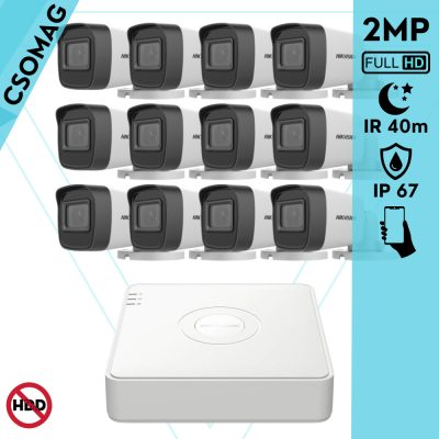 Hikvision 12 cső kamerás analóg megfigyelőrendszer 2MP biztonsági kamera, IR 40m, kültéri