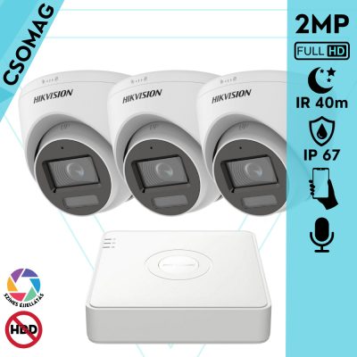 Hikvision 3 turret kamerás analóg megfigyelőrendszer 2MP biztonsági kamera, IR megvilágítás 40 m, fehér fény 20 m, beépített mikrofon, kültéri