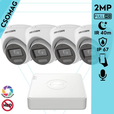 Hikvision 4 turret kamerás analóg megfigyelőrendszer 2MP biztonsági kamera, IR megvilágítás 40 m, fehér fény 20 m, beépített mikrofon, kültéri