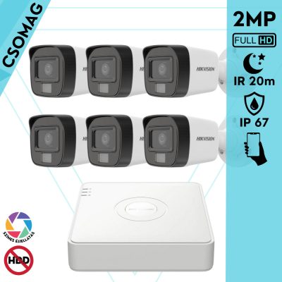 Hikvision 6 cső kamerás analóg megfigyelőrendszer 2MP biztonsági kamera, IR megvilágítás 20 m, fehér fény 20 m, kültéri