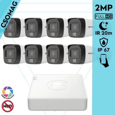 Hikvision 8 cső kamerás analóg megfigyelőrendszer 2MP biztonsági kamera, IR megvilágítás 20 m, fehér fény 20 m, kültéri