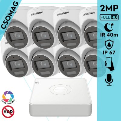Hikvision 8 turret kamerás analóg megfigyelőrendszer 2MP biztonsági kamera, IR megvilágítás 40 m, fehér fény 20 m, beépített mikrofon, kültéri