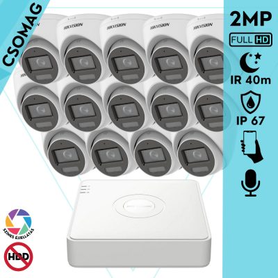 Hikvision 14 turret kamerás analóg megfigyelőrendszer 2MP biztonsági kamera, IR megvilágítás 40 m, fehér fény 20 m, beépített mikrofon, kültéri