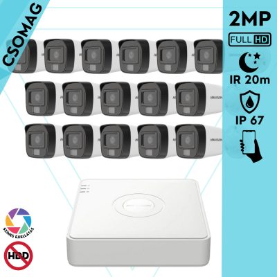 Hikvision 16 cső kamerás analóg megfigyelőrendszer 2MP biztonsági kamera, IR megvilágítás 20 m, fehér fény 20 m, kültéri