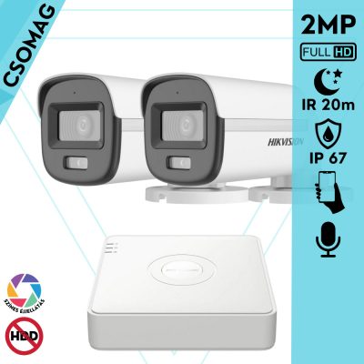 Hikvision 2 cső kamerás analóg megfigyelőrendszer 2MP biztonsági kamera, ColorVu Dual-light látható fény 20m, beépített mikrofonnal, kültéri