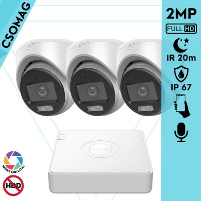 Hikvision 3 turret kamerás analóg megfigyelőrendszer 2MP biztonsági kamera, ColorVu Dual-light látható fény 20m, beépített mikrofonnal, kültéri