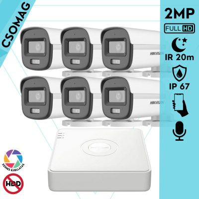 Hikvision 6 cső kamerás analóg megfigyelőrendszer 2MP biztonsági kamera, ColorVu Dual-light látható fény 20m, beépített mikrofonnal, kültéri
