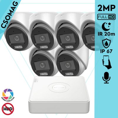 Hikvision 6 turret kamerás analóg megfigyelőrendszer 2MP biztonsági kamera, ColorVu Dual-light látható fény 20m, beépített mikrofonnal, kültéri
