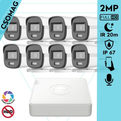 Hikvision 8 cső kamerás analóg megfigyelőrendszer 2MP biztonsági kamera, ColorVu Dual-light látható fény 20m, beépített mikrofonnal, kültéri