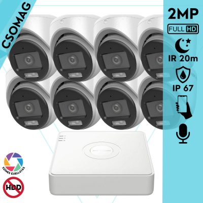 Hikvision 8 turret kamerás analóg megfigyelőrendszer 2MP biztonsági kamera, ColorVu Dual-light látható fény 20m, beépített mikrofonnal, kültéri