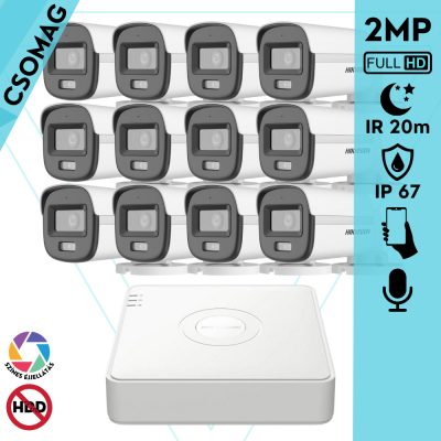 Hikvision 12 cső kamerás analóg megfigyelőrendszer 2MP biztonsági kamera, ColorVu Dual-light látható fény 20m, beépített mikrofonnal, kültéri