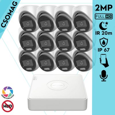 Hikvision 12 turret kamerás analóg megfigyelőrendszer 2MP biztonsági kamera, ColorVu Dual-light látható fény 20m, beépített mikrofonnal, kültéri
