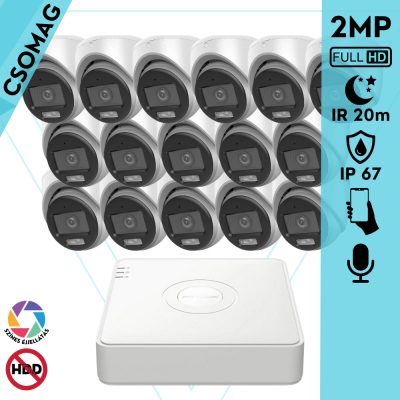 Hikvision 16 turret kamerás analóg megfigyelőrendszer 2MP biztonsági kamera, ColorVu Dual-light látható fény 20m, beépített mikrofonnal, kültéri