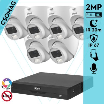 Dahua 6 dome kamerás analóg megfigyelőrendszer 2MP HD dóm biztonsági kamera, 3,6 mm fix objektív, hibrid fény, beépített mikrofon