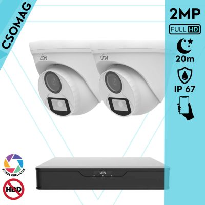 Uniview 2 turret kamerás analóg megfigyelőrendszer 2MP HD biztonsági kamera, 2.8 mm fix objektívvel, ColorHunter technológia
