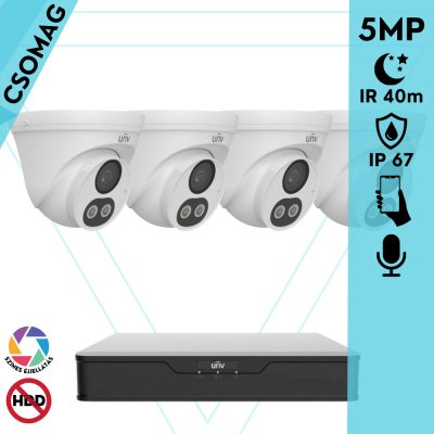 Uniview 4 turret kamerás analóg megfigyelőrendszer 5MP HD biztonsági kamera, 2.8 mm fix objektív, ColorHunter technológia, Dual light megvilágítással