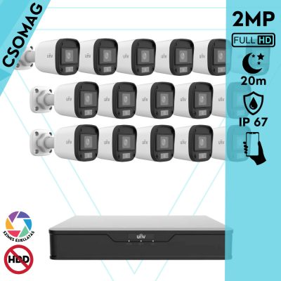 Uniview 16 cső kamerás analóg megfigyelőrendszer 2MP HD biztonsági kamera, 2.8 mm fix objektívvel, ColorHunter technológia