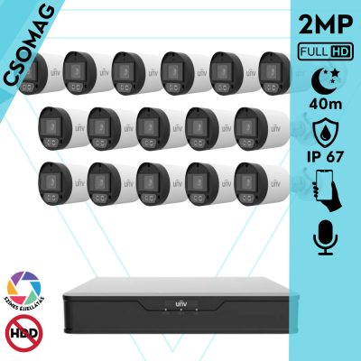 Uniview 16 cső kamerás analóg megfigyelőrendszer 2MP HD biztonsági kamera, 2.8 mm fix objektív, ColorHunter technológia, fém ház