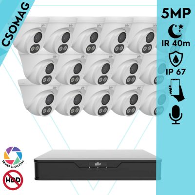 Uniview 16 turret kamerás analóg megfigyelőrendszer 5MP HD biztonsági kamera, 2.8 mm fix objektív, ColorHunter technológia, Dual light megvilágítással