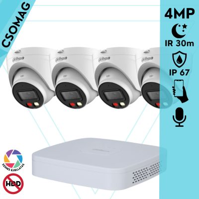 Dahua 4 turret kamerás IP megfigyelőrendszer 4MP HD turret biztonsági kamera, 2.8 mm-es fix objektívvel, PoE, beépített mikrofonnal, színes éjszakai kép, kültéri