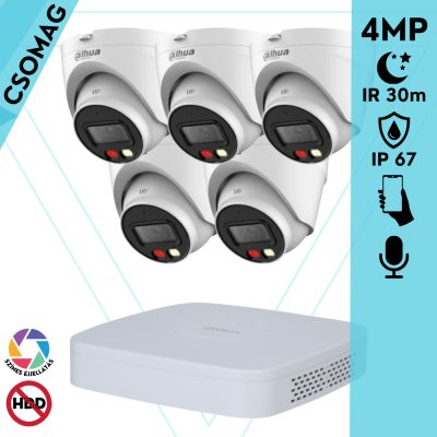 Dahua 5 turret kamerás IP megfigyelőrendszer 4MP HD turret biztonsági kamera, 2.8 mm-es fix objektívvel, PoE, beépített mikrofonnal, színes éjszakai kép, kültéri