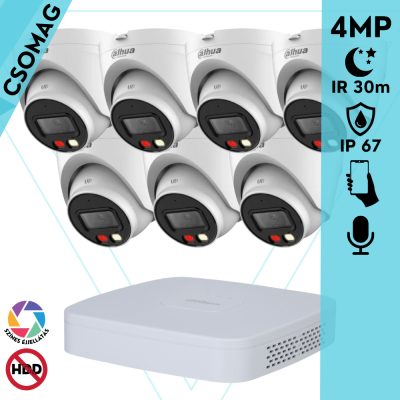 Dahua 7 turret kamerás IP megfigyelőrendszer 4MP HD turret biztonsági kamera, 2.8 mm-es fix objektívvel, PoE, beépített mikrofonnal, színes éjszakai kép, kültéri