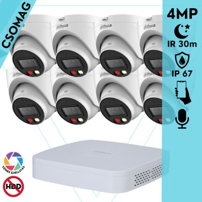 Dahua 8 turret kamerás IP megfigyelőrendszer 4MP HD turret biztonsági kamera, 2.8 mm-es fix objektívvel, PoE, beépített mikrofonnal, színes éjszakai kép, kültéri