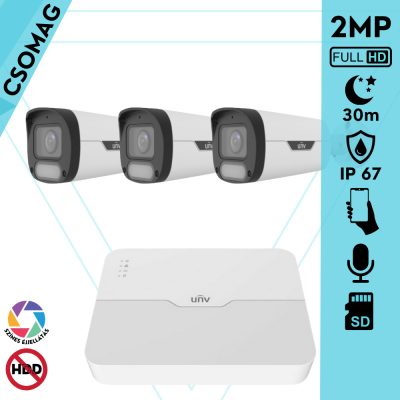 Uniview 3 cső kamerás IP megfigyelőrendszer 2MP HD biztonsági kamera, 2.8 mm-es fix objektívvel, SD kártya foglalattal, PoE, beépített mikrofonnal, fehér fénnyel, kültéri