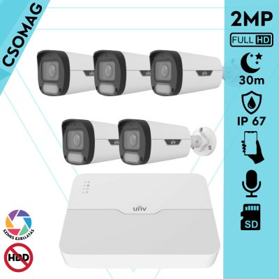 Uniview 5 cső kamerás IP megfigyelőrendszer 2MP HD biztonsági kamera, 2.8 mm-es fix objektívvel, SD kártya foglalattal, PoE, beépített mikrofonnal, fehér fénnyel, kültéri