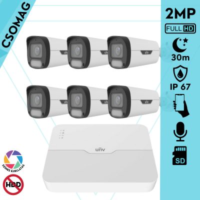 Uniview 6 cső kamerás IP megfigyelőrendszer 2MP HD biztonsági kamera, 2.8 mm-es fix objektívvel, SD kártya foglalattal, PoE, beépített mikrofonnal, fehér fénnyel, kültéri