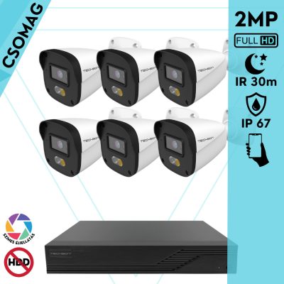 Techson 6 cső kamerás IP megfigyelőrendszer 2MP HD cső biztonsági kamera, 2.8 mm-es fix objektívvel, PoE, hibrid fényű megvilágítás, kültéri, fém ház