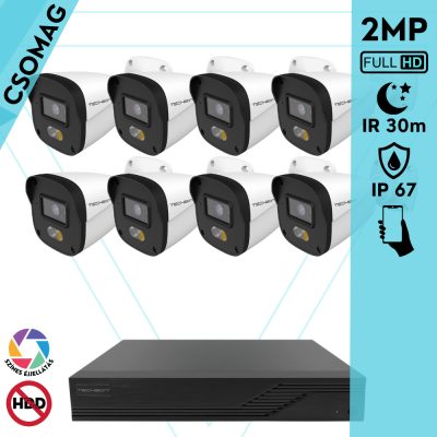Techson 8 cső kamerás IP megfigyelőrendszer 2MP HD cső biztonsági kamera, 2.8 mm-es fix objektívvel, PoE, hibrid fényű megvilágítás, kültéri, fém ház