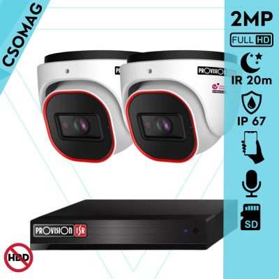 Provision 2 dome kamerás IP megfigyelőrendszer 2MP HD dome biztonsági kamera, 2.8 mm-es fix objektívvel, PoE, beépített mikrofonnal, IR LED 20m, kültéri, fém ház
