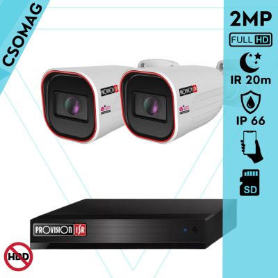 Provision 2 cső kamerás IP megfigyelőrendszer 2MP HD cső biztonsági kamera, 2.8 mm-es fix objektívvel, PoE, IR LED 20m, kültéri, fém ház