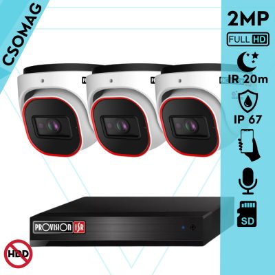 Provision 3 dome kamerás IP megfigyelőrendszer 2MP HD dome biztonsági kamera, 2.8 mm-es fix objektívvel, PoE, beépített mikrofonnal, IR LED 20m, kültéri, fém ház