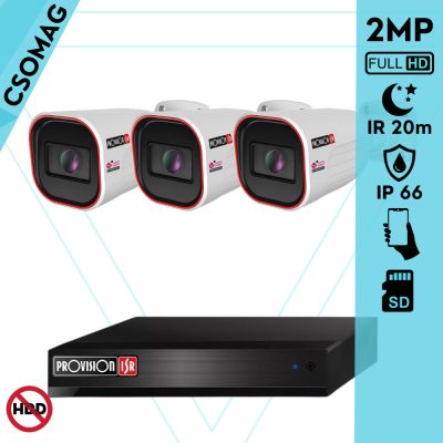 Provision 3 cső kamerás IP megfigyelőrendszer 2MP HD cső biztonsági kamera, 2.8 mm-es fix objektívvel, PoE, IR LED 20m, kültéri, fém ház