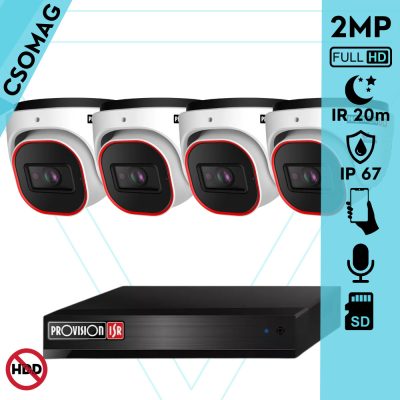 Provision 4 dome kamerás IP megfigyelőrendszer 2MP HD dome biztonsági kamera, 2.8 mm-es fix objektívvel, PoE, beépített mikrofonnal, IR LED 20m, kültéri, fém ház